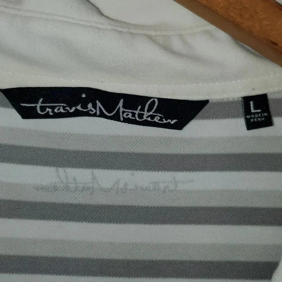 Travis Mathew Mens Size Large White Grey Striped Summer Comfort Golf Polo - Picture 2 of 13